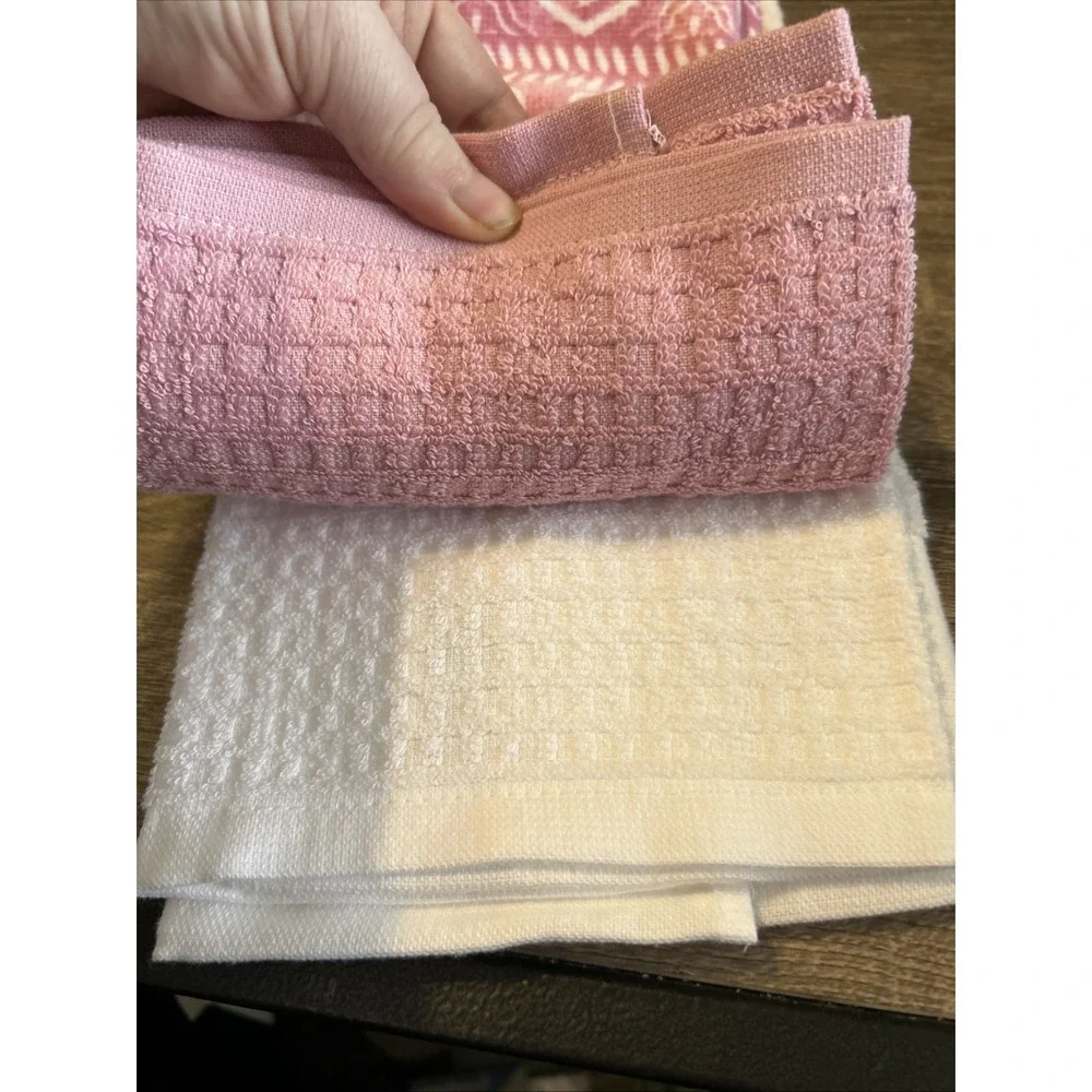 Set of 3 Deborah Connolly Hand Towels Valentine Pink White Embroidered Hearts